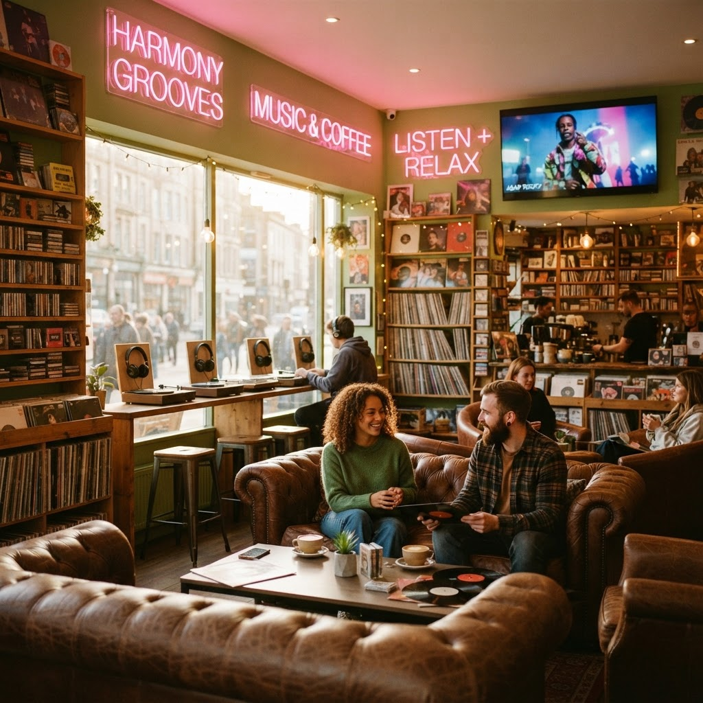 Inside a NuMu Café: chocolate-brown couches, neon walls, listening stations and a music video on the big screen