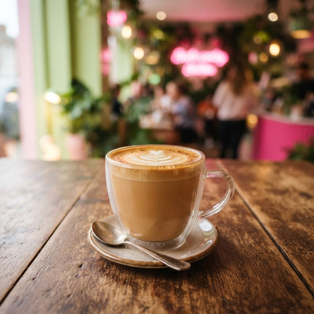 A dairy-free health-conscious latte with latte art on a wooden café table
