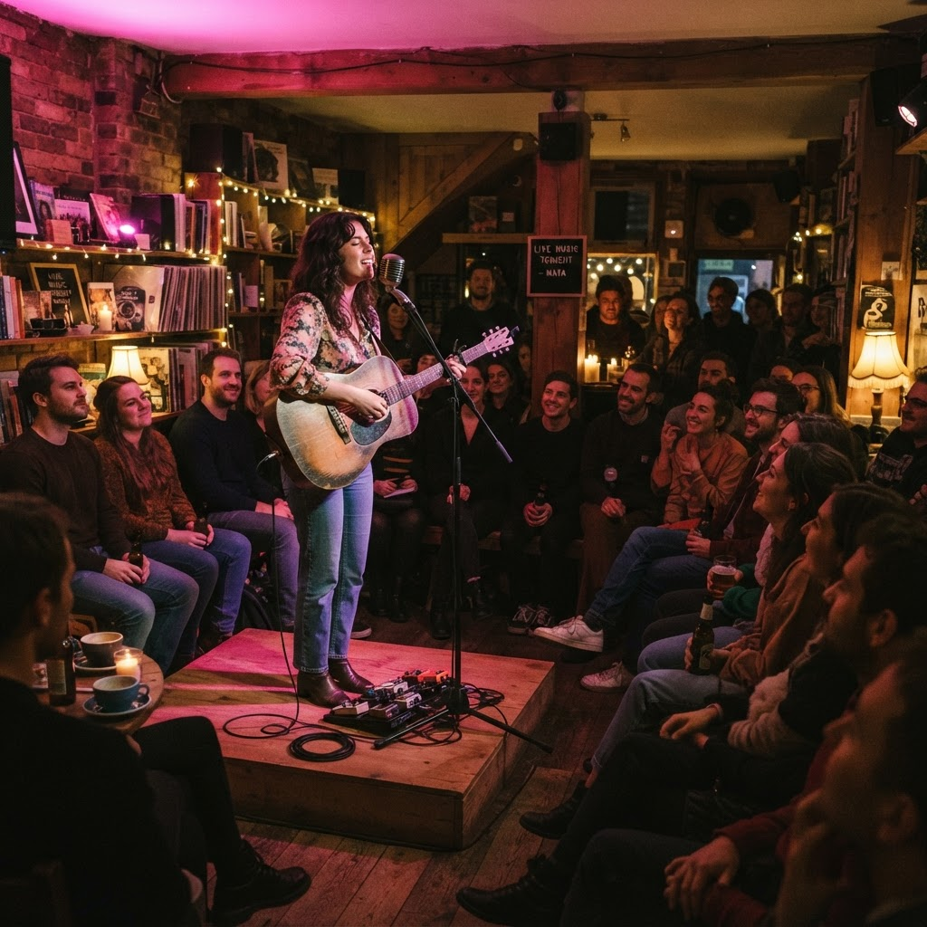 An emerging artist performing live inside a NuMusic Café to a small, engaged crowd